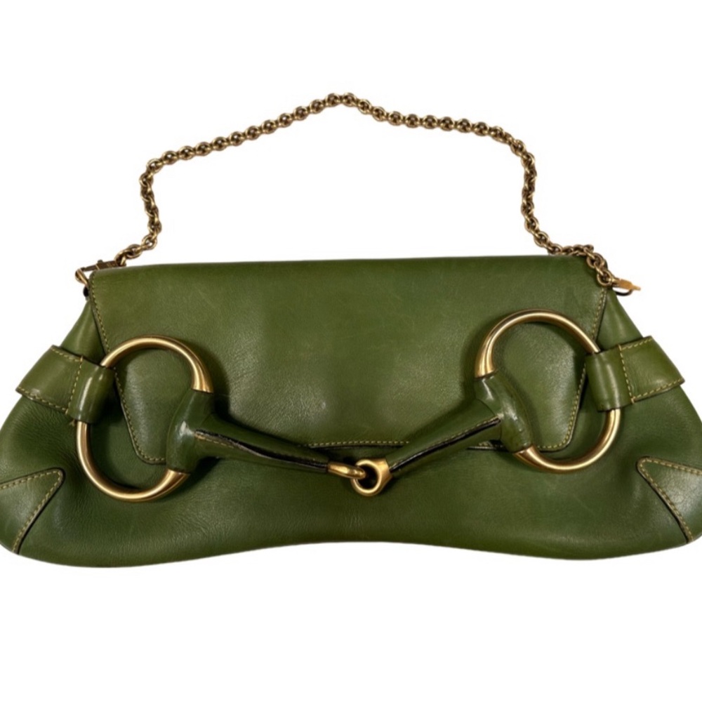 Authentic Tom Ford for GUCCI Leather Horsebit Chain Clutch in Green.